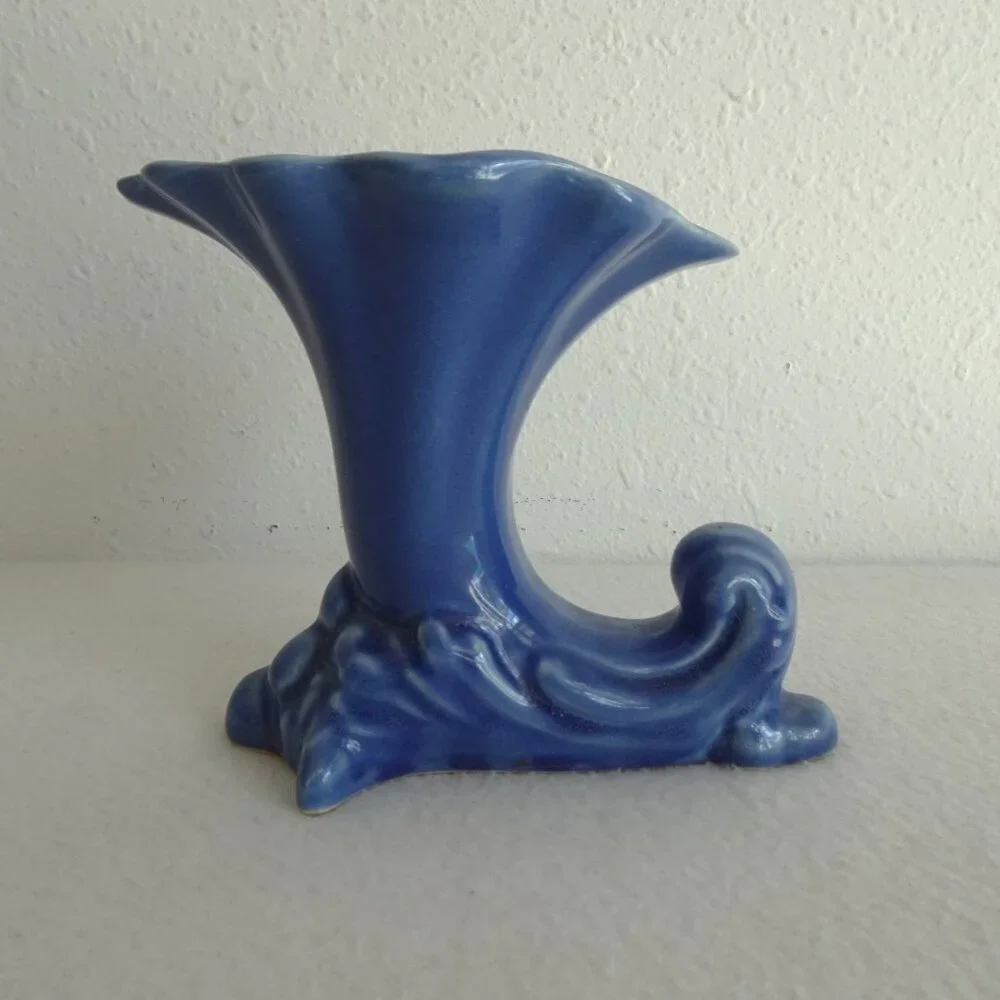 Vintage Cameron Clay Cornucopia Vase Art Deco Blue Pottery 5.25” x 6”
